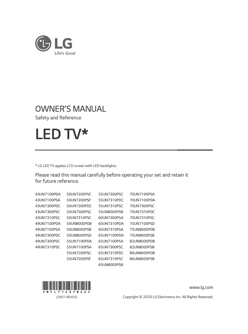 Page 1 de la notice Manuel utilisateur LG 43UN7100PSA