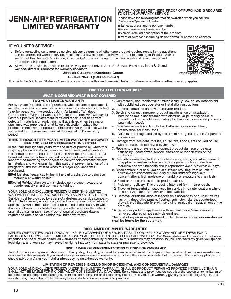 Page 1 de la notice Informations de garantie JennAir JUD24FCECX