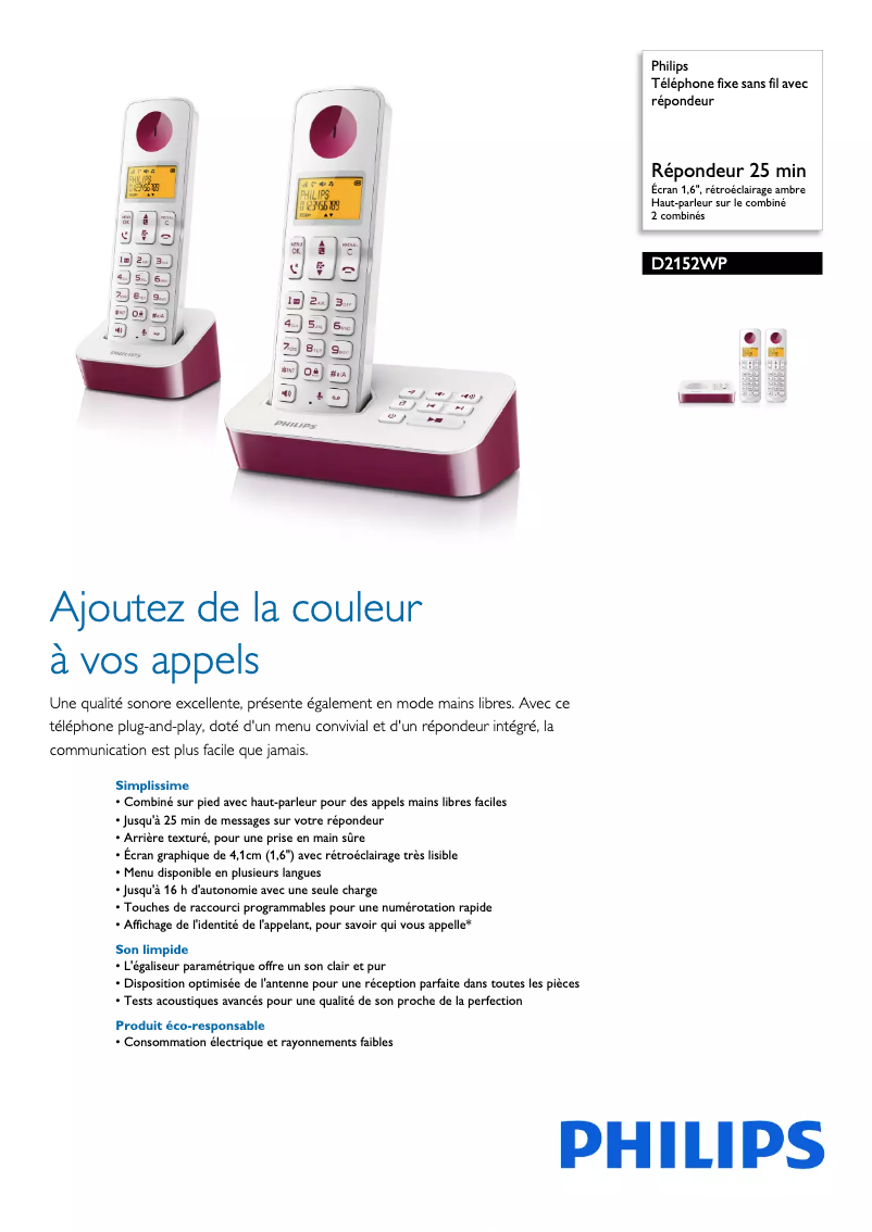 Page 1 of the manual Technical Sheet Philips D2152WP