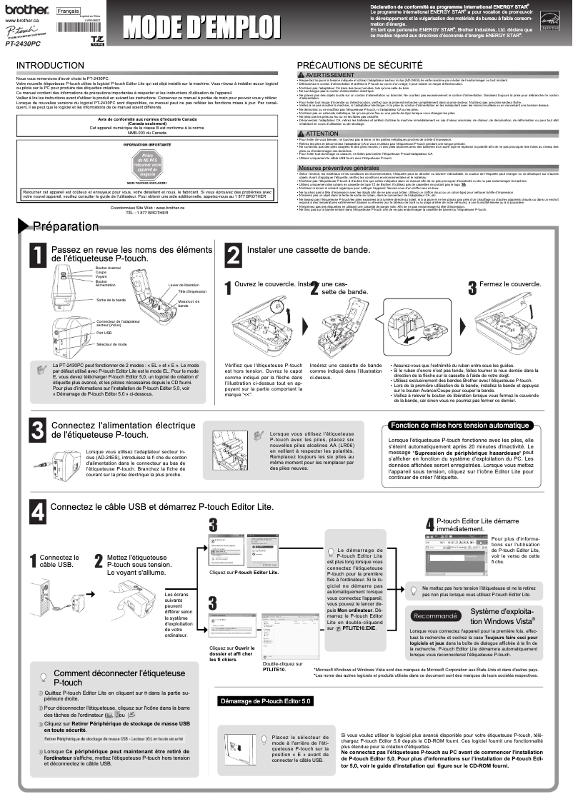 Image de la première page du manuel de l'appareil PT-2430PC