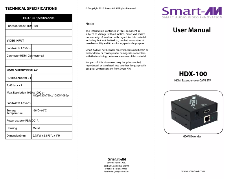 Page 1 de la notice Manuel utilisateur Smart-AVI HDX-RX100S