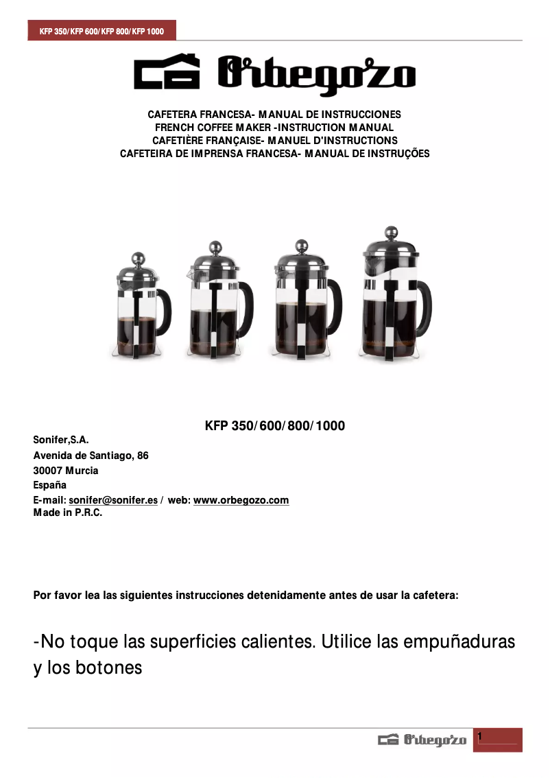 Page 1 de la notice Manuel utilisateur Orbegozo KFP 1000