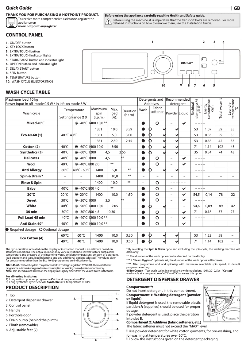 Page 1 de la notice Manuel utilisateur Hotpoint NSWM 1043C W UK N