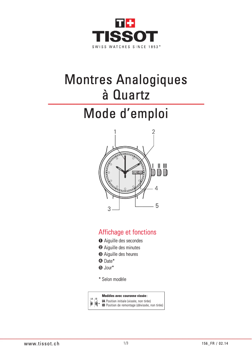Page 1 de la notice Manuel utilisateur Tissot PR 100