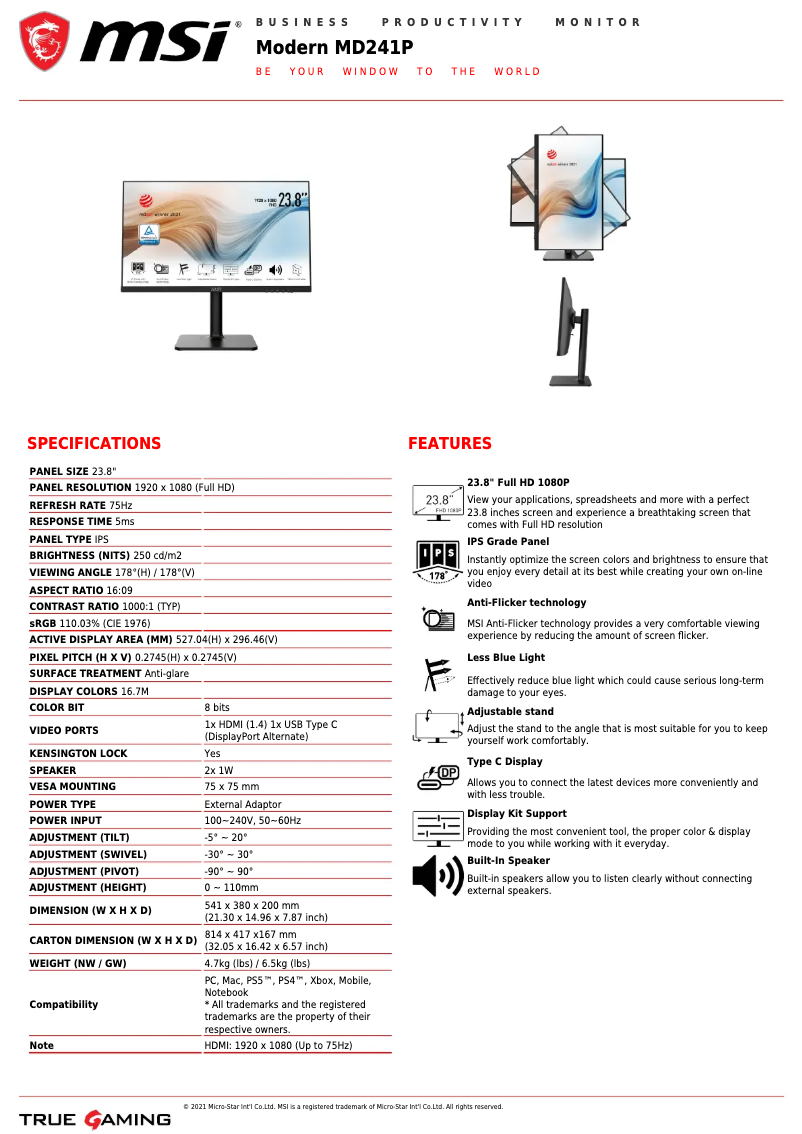 Página 1 del manual Ficha técnica MSI Modern MD241P
