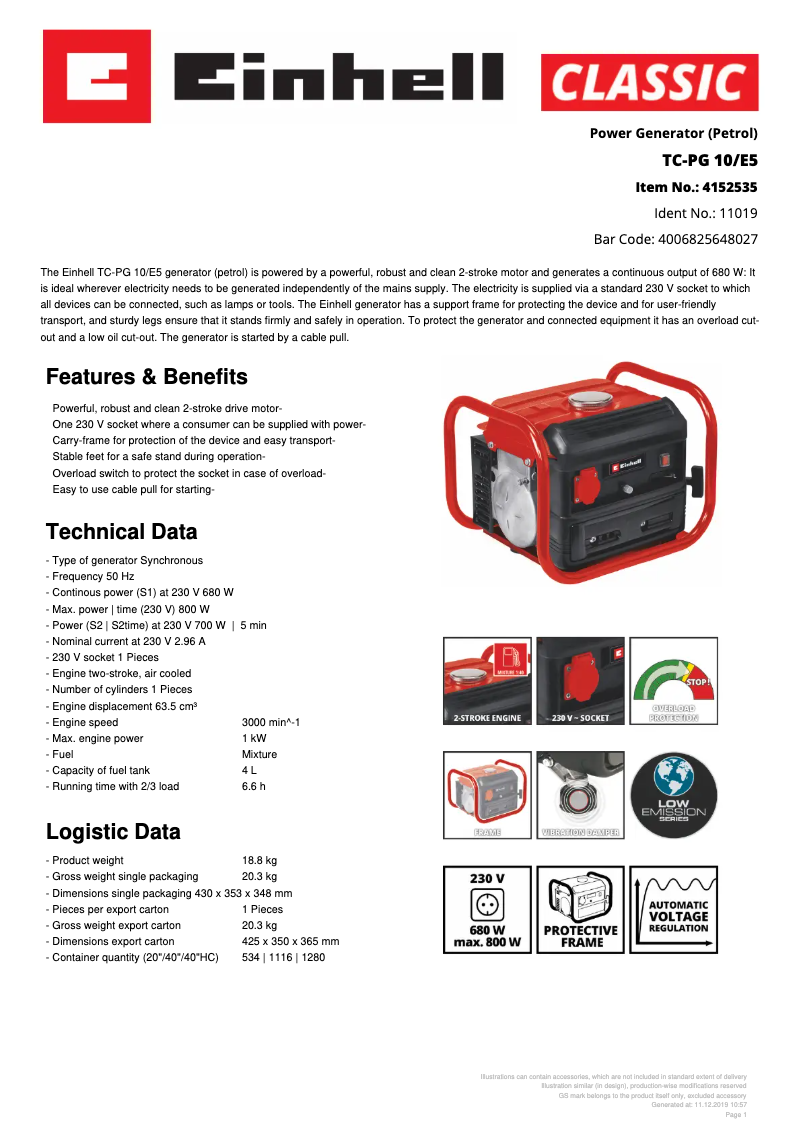 Page n°1 - Fiche technique Einhell TC-PG 10/E5
