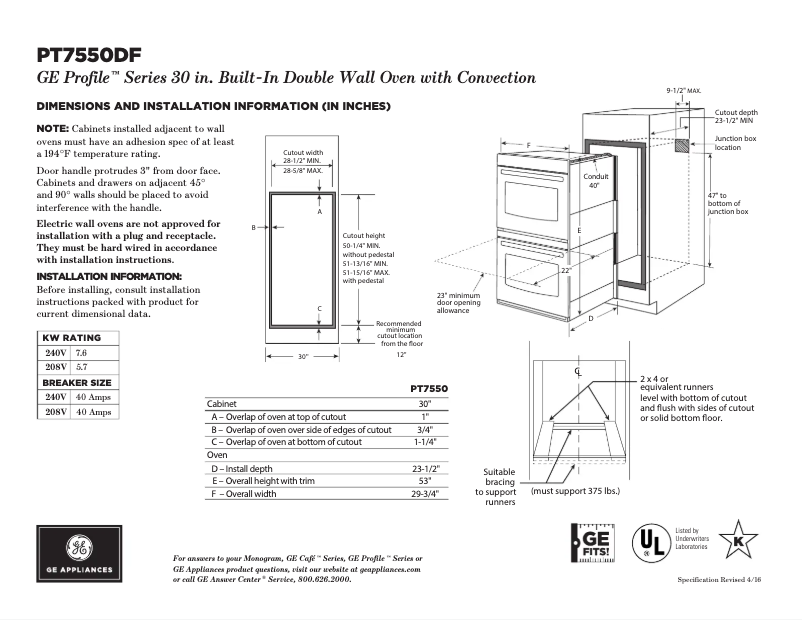 Page 1 de la notice Fiche technique GE PT7550DFBB