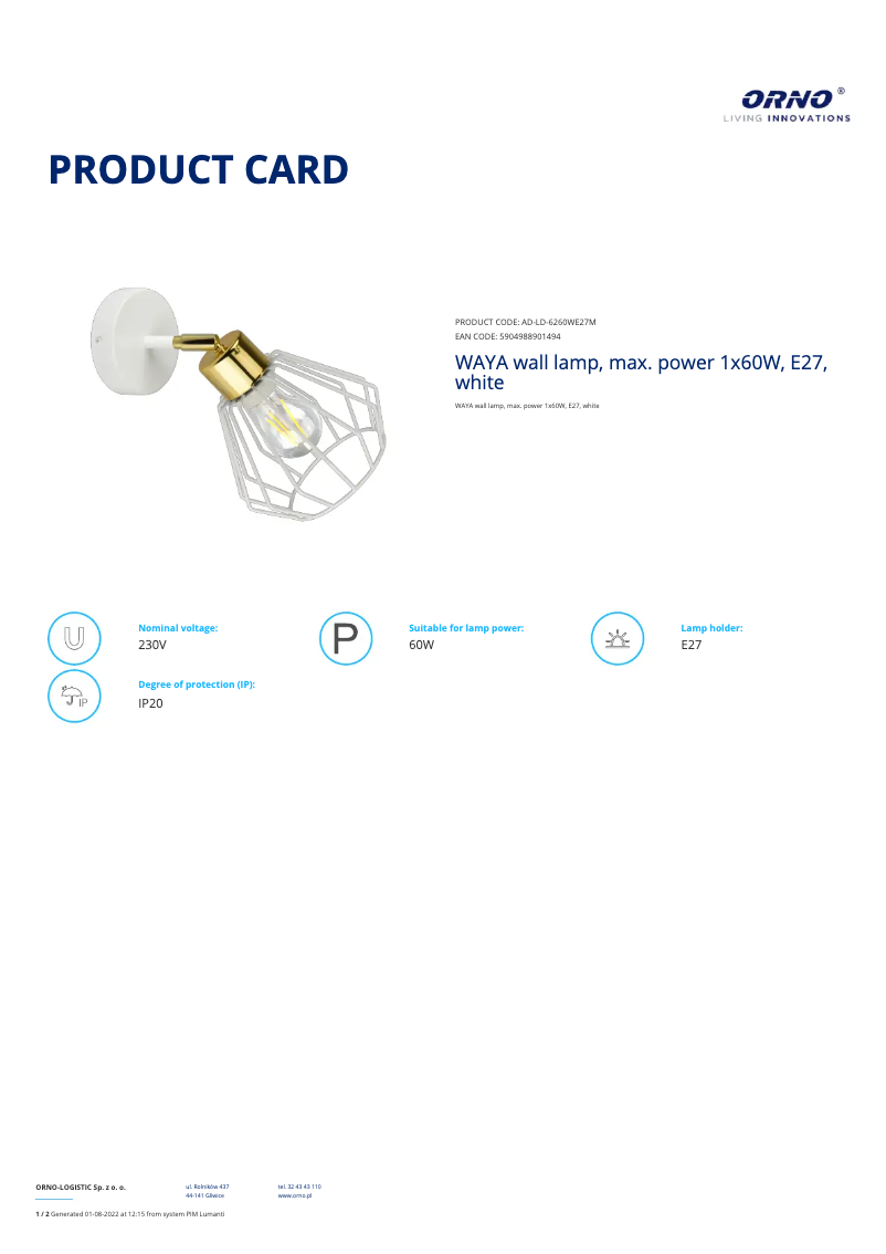 Page 1 de la notice Fiche technique Adviti AD-LD-6260WE27M