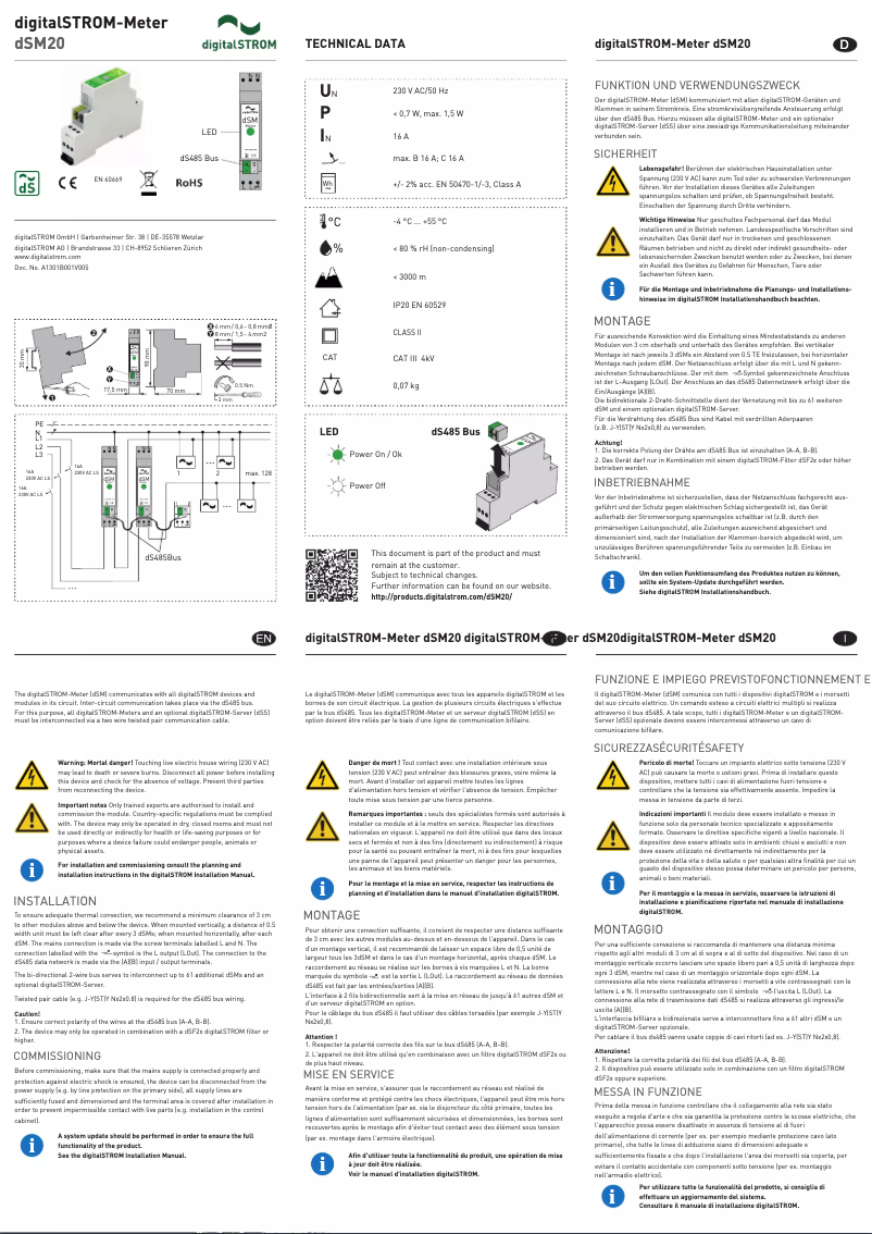 Page n°1 - Manuel utilisateur digitalSTROM DSM20