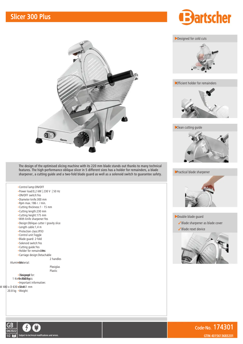 Page 1 de la notice Fiche technique Bartscher 174301