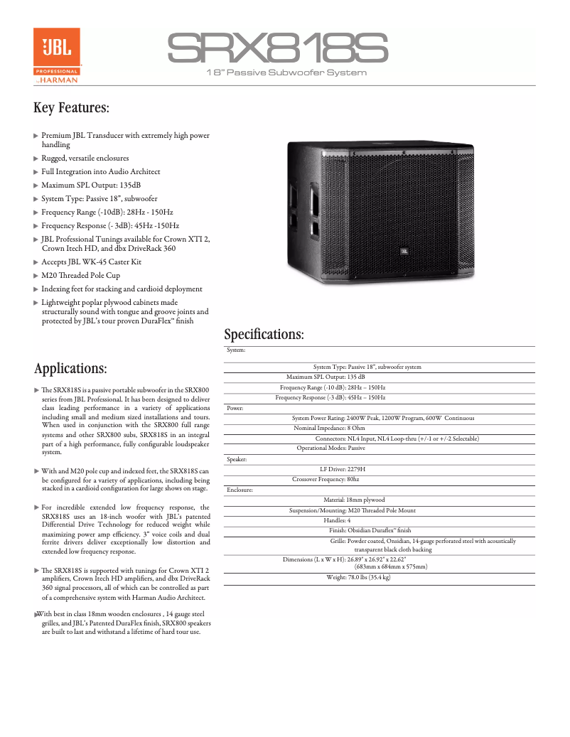 Page 1 de la notice Manuel utilisateur JBL SRX818S