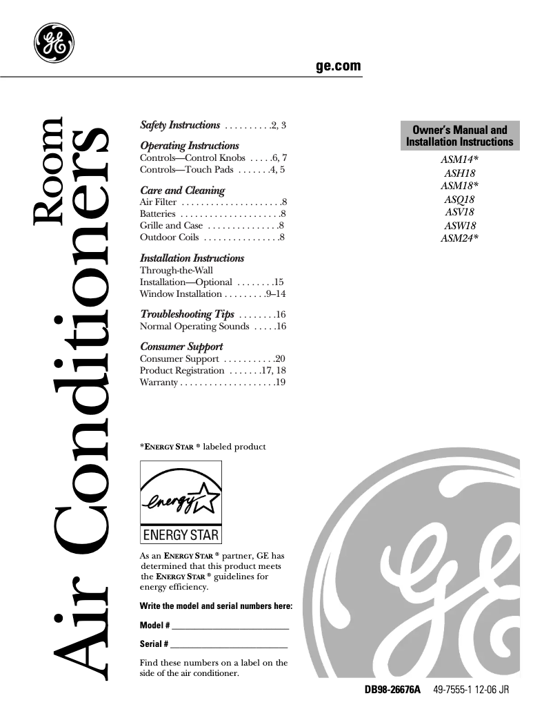 Page n°1 - Manuel d'utilisation et d'entretien GE ASM24DK