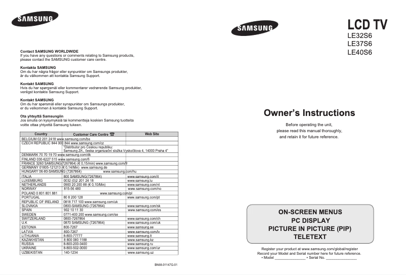 Page n°1 - Manuel utilisateur Samsung LE32S60BD
