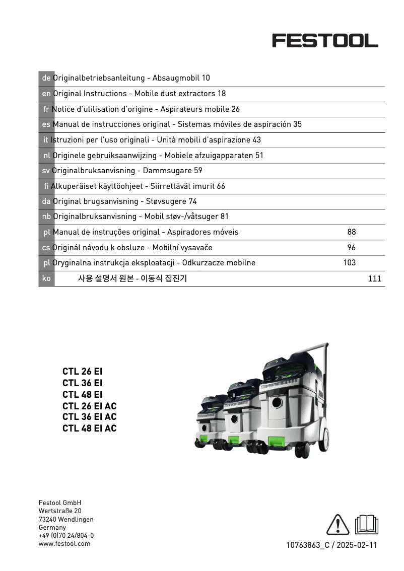 Page 1 de la notice Manuel utilisateur Festool Cleantec CTL 36 AC RENOFIX