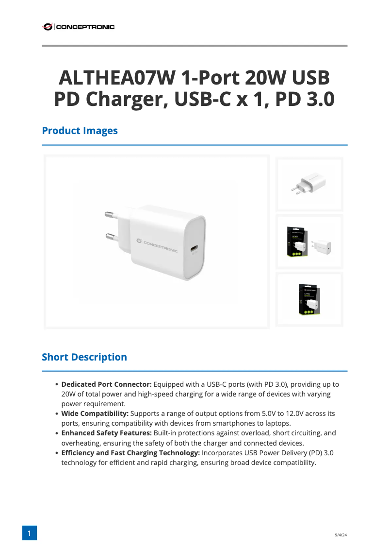 Página 1 del manual Ficha técnica Equip ALTHEA07W