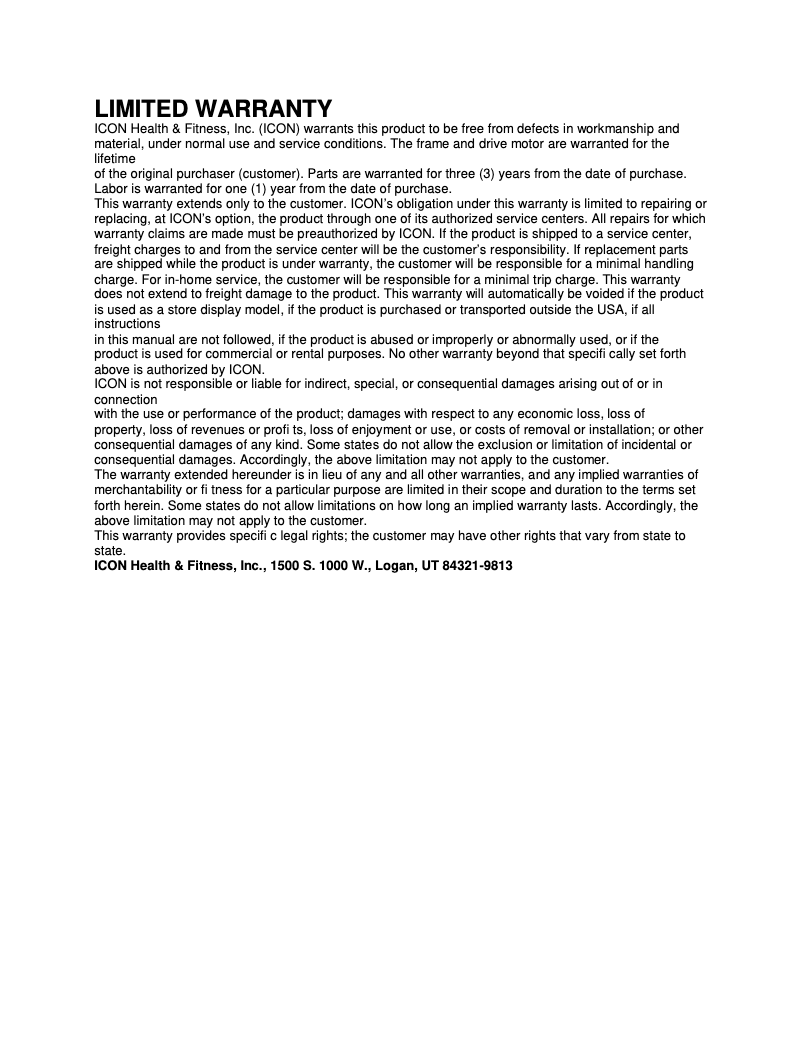 Página 1 del manual Información de garantía NordicTrack C970 Pro