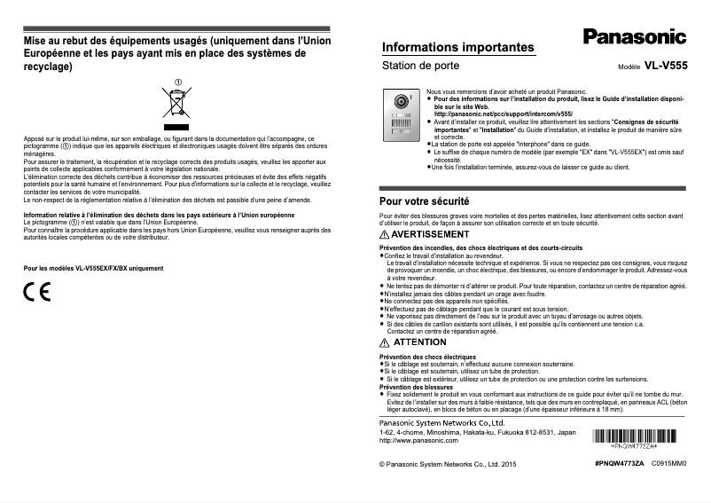 Page 1 de la notice Manuel utilisateur Panasonic VL-V555