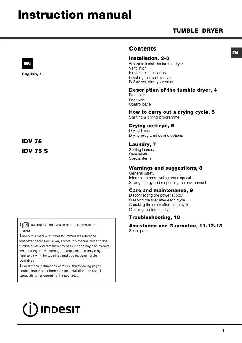 Page 1 de la notice Mode d'emploi Indesit IDV 75 (UK)