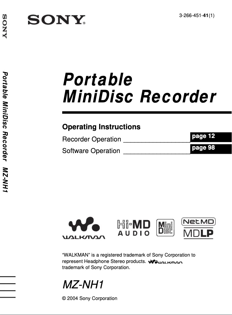 Image de la première page du manuel de l'appareil MZ-NH1