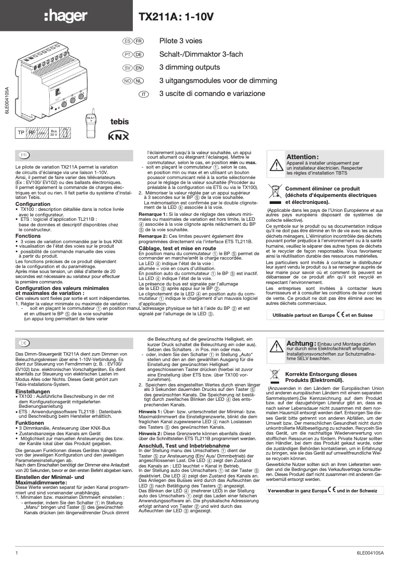 Page 1 de la notice Manuel utilisateur Hager TX211A