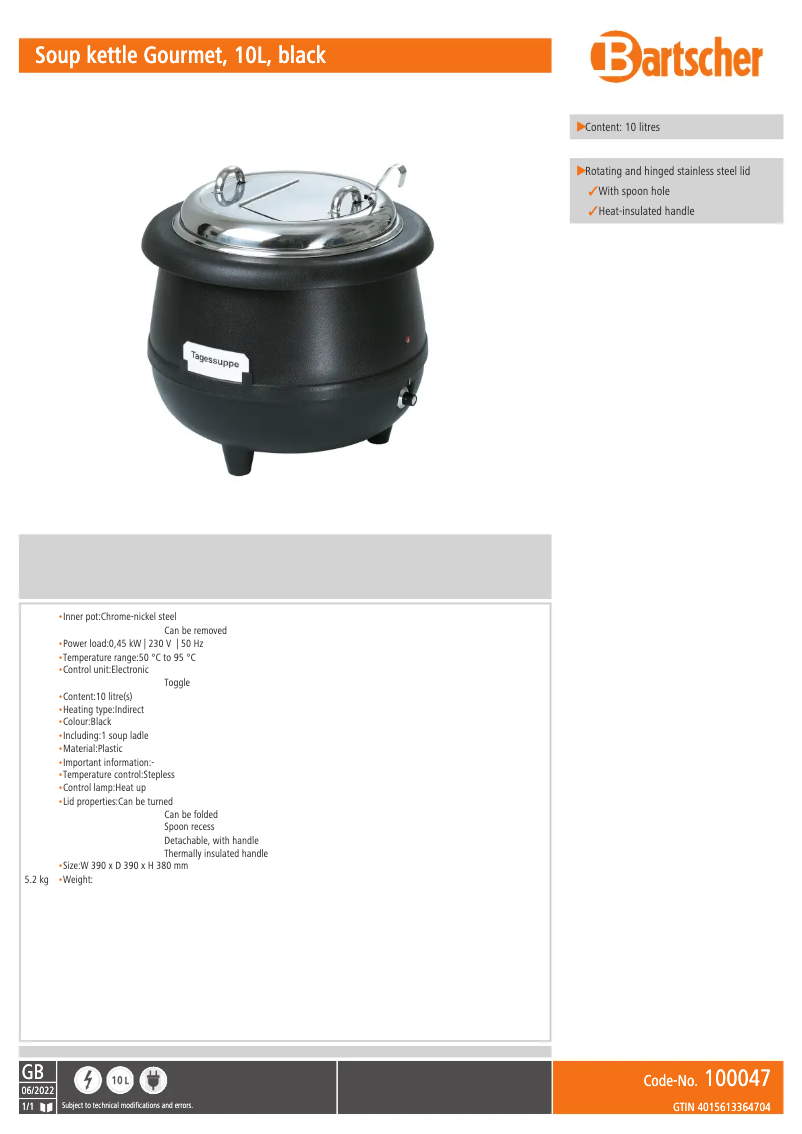 Page n°1 - Fiche technique Bartscher 100047