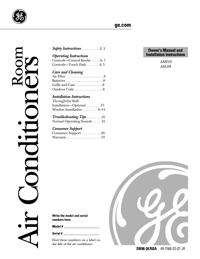 Page 1 de la notice Manuel d'utilisation et d'entretien GE ASL08FK