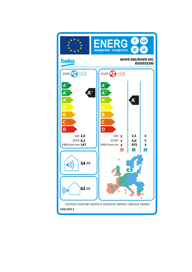 Page 1 de la notice Label énergétique Beko BIHPR 090