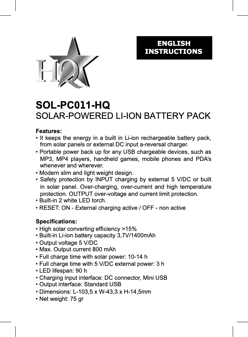 Image de la première page du manuel de l'appareil SOL-PC011