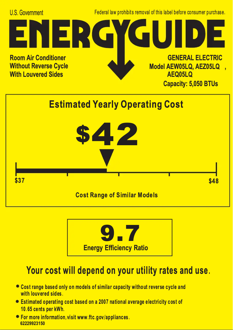 Page n°1 - Label énergétique GE AEW05LQ