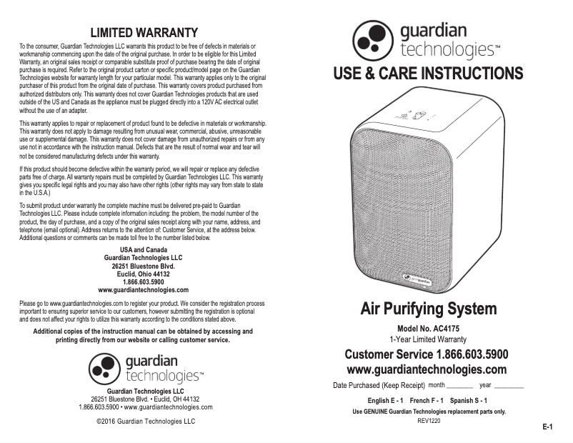 Page 1 de la notice Manuel utilisateur Guardian AC4175