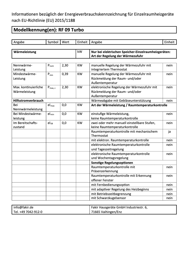 Page 1 de la notice Label énergétique Fakir RF 09 TURBO