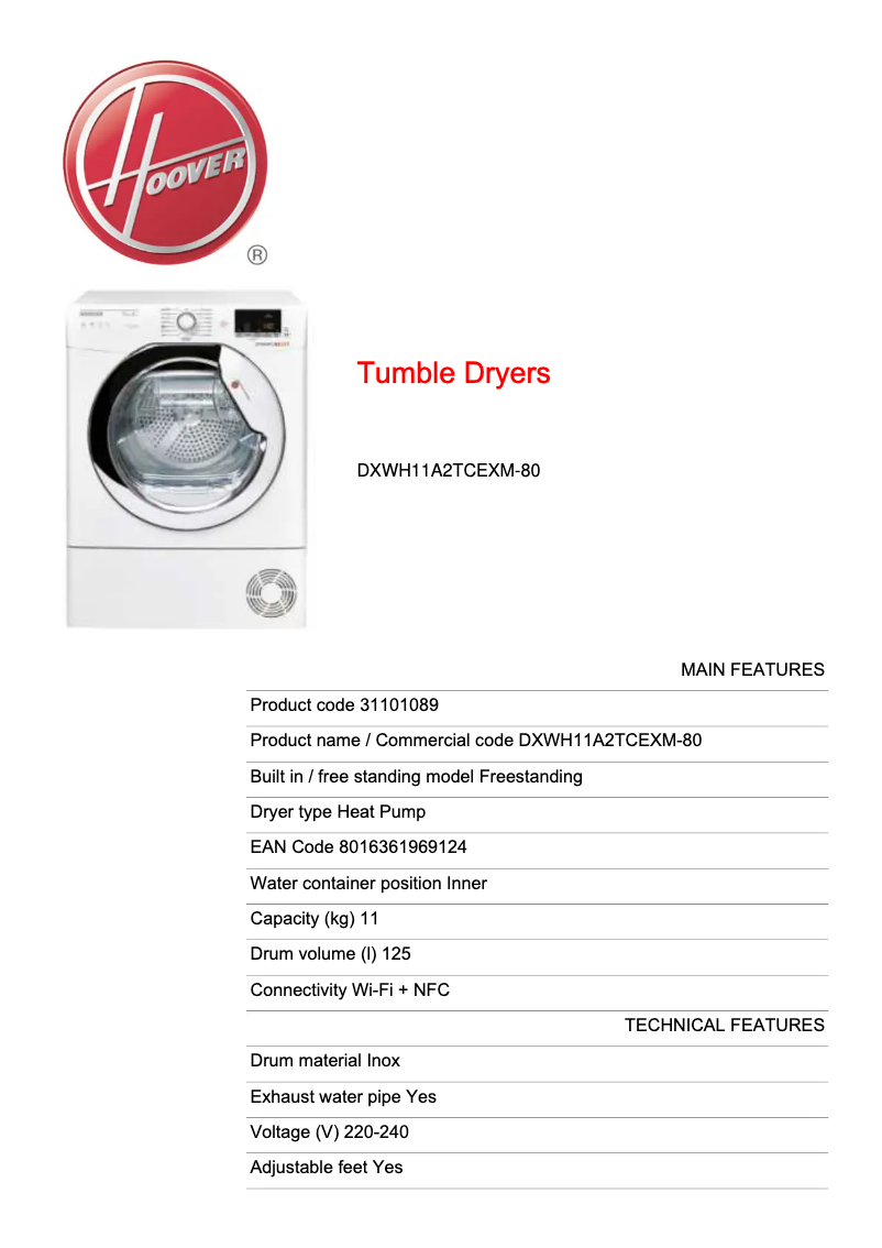 Page n°1 - Manuel utilisateur Hoover DXWH11A2TCEXM-80