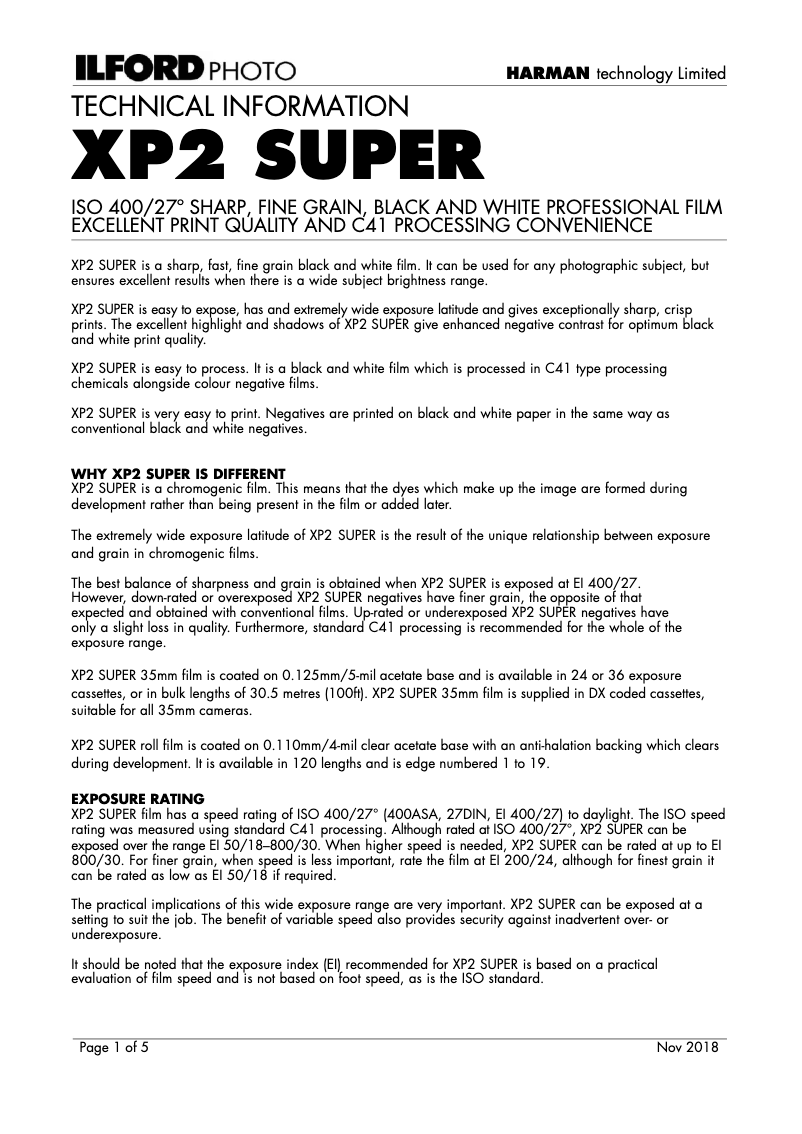 Page 1 de la notice Manuel utilisateur Ilford XP2 Super 400