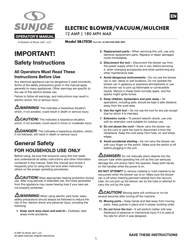 Page 1 de la notice Manuel utilisateur Sun Joe SBJ702E