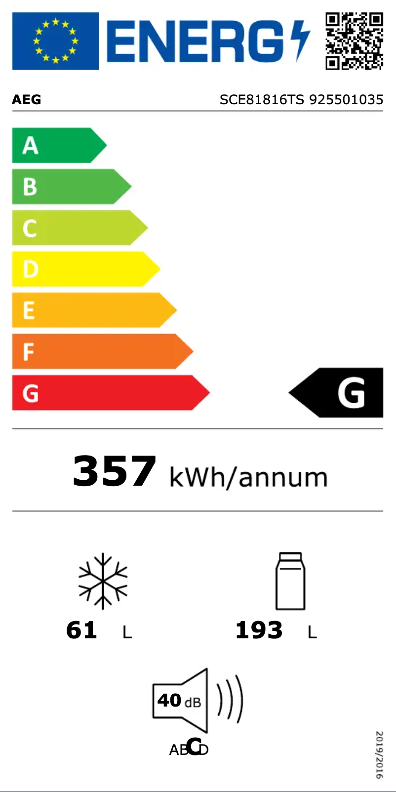Page 1 de la notice Label énergétique AEG SCE81816TS