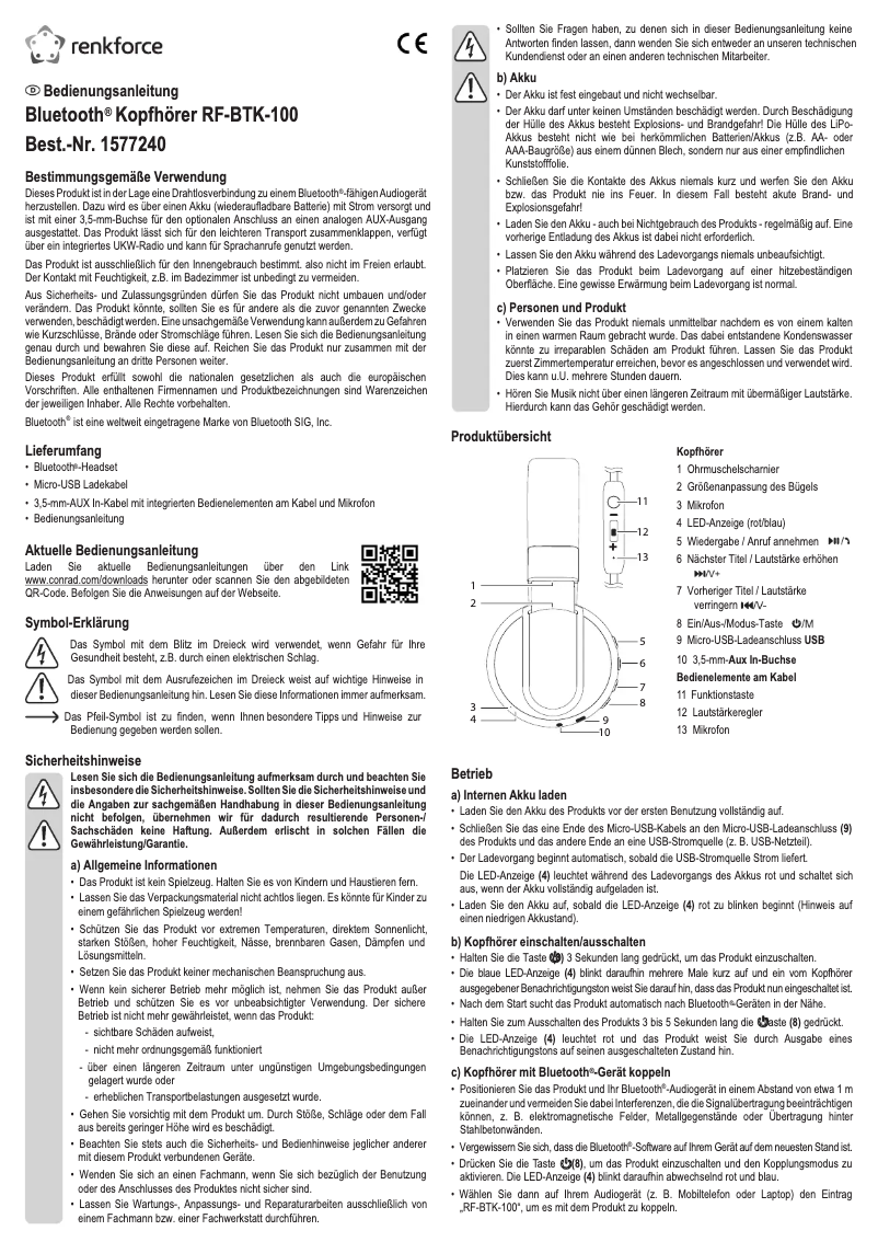 Página 1 del manual Manual de usuario Renkforce RF-BTK-100
