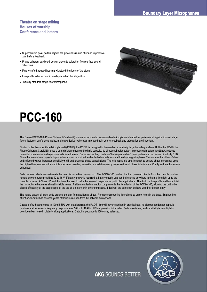 Page 1 de la notice Fiche technique AKG PCC160