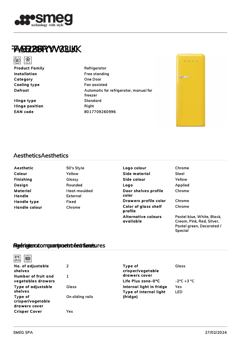 Page n°1 - Fiche technique Smeg FAB28RYW3UK