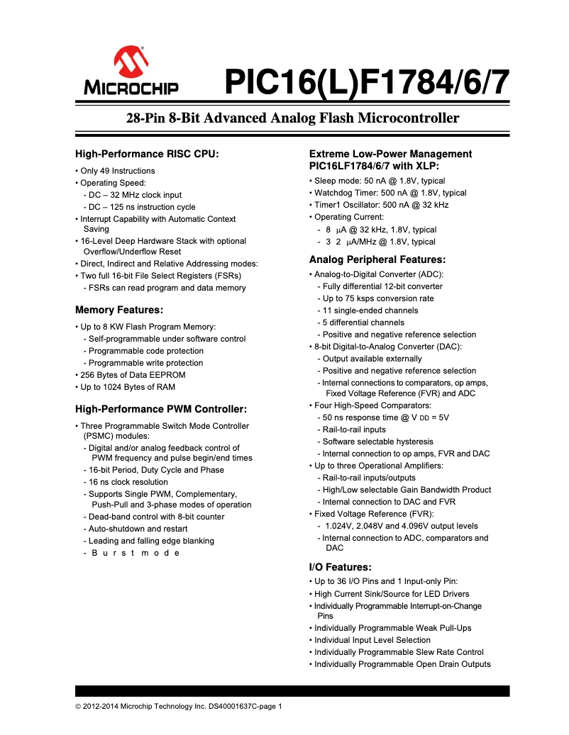 Page 1 de la notice Fiche technique Microchip PIC16F1786