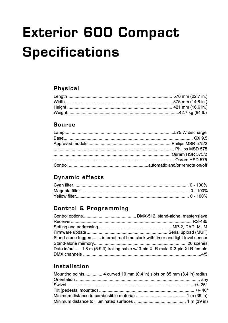 Page 1 de la notice Fiche technique Martin Exterior 600 Compact