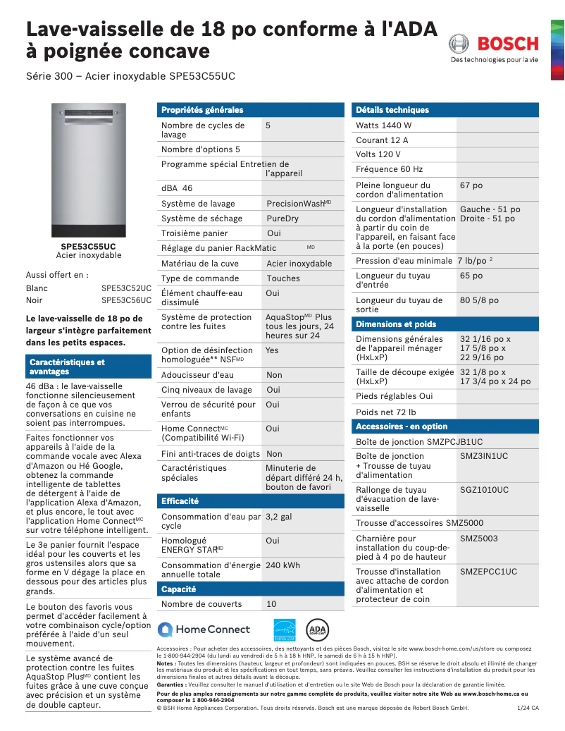 Page n°1 - Fiche technique Bosch SPE53C55UC