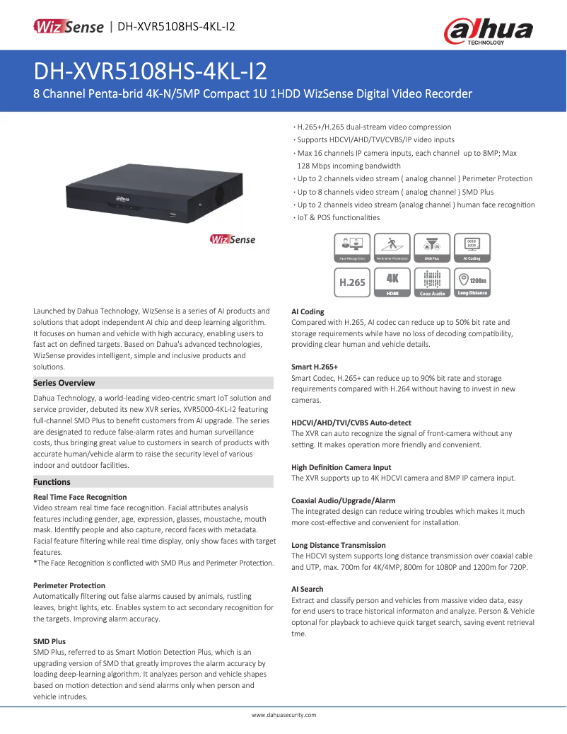 Page n°1 - Fiche technique Dahua Technology XVR5108HS-4KL-I2