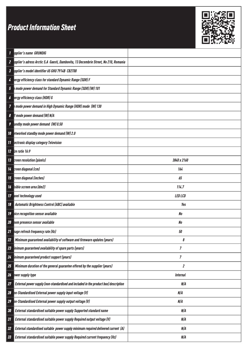 Page n°1 - Fiche technique Grundig 65 GHU 7914B