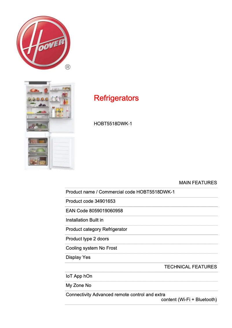 Page n°1 - Fiche technique Hoover HOBT5518DWK