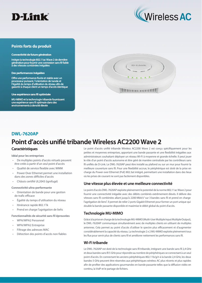 Page 1 de la notice Fiche technique D-Link DWL-7620AP
