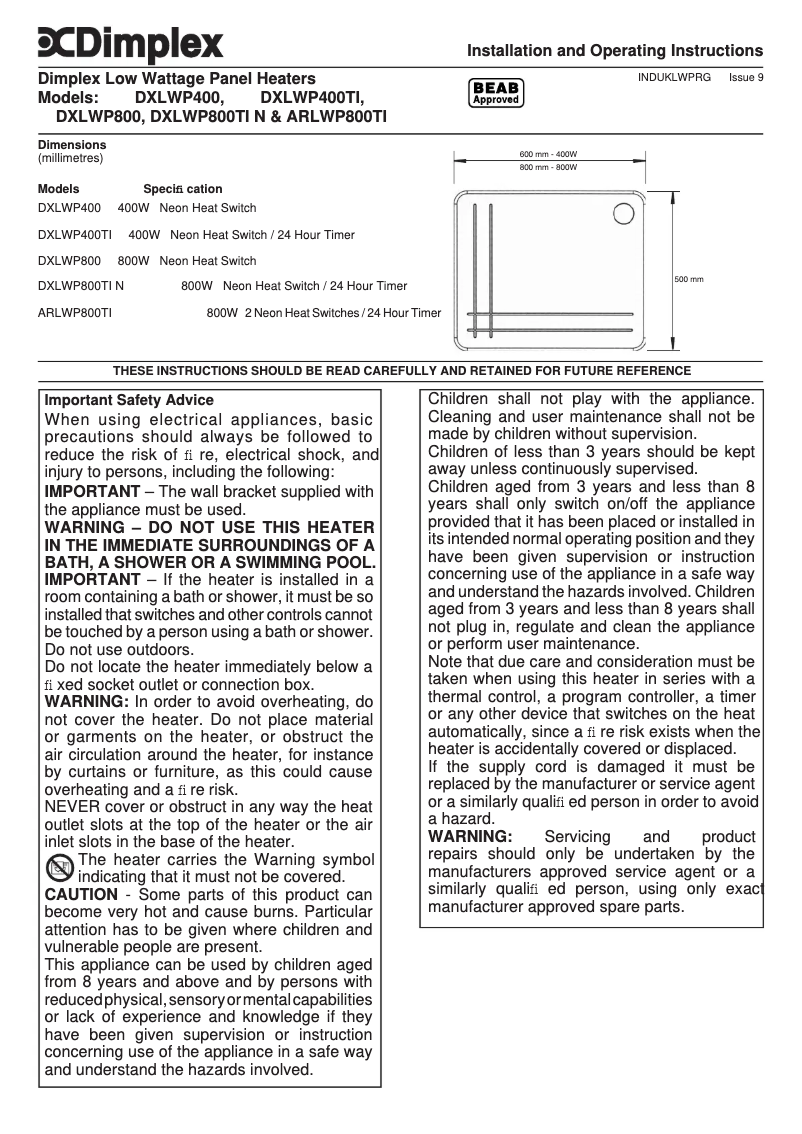 Página 1 del manual Manual de usuario Dimplex DXLWP400