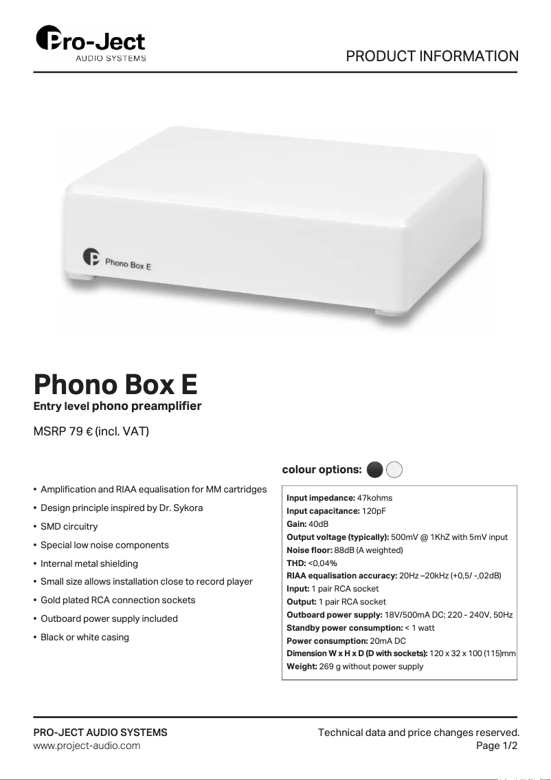 Page 1 de la notice Fiche technique Pro-Ject Phono Box E