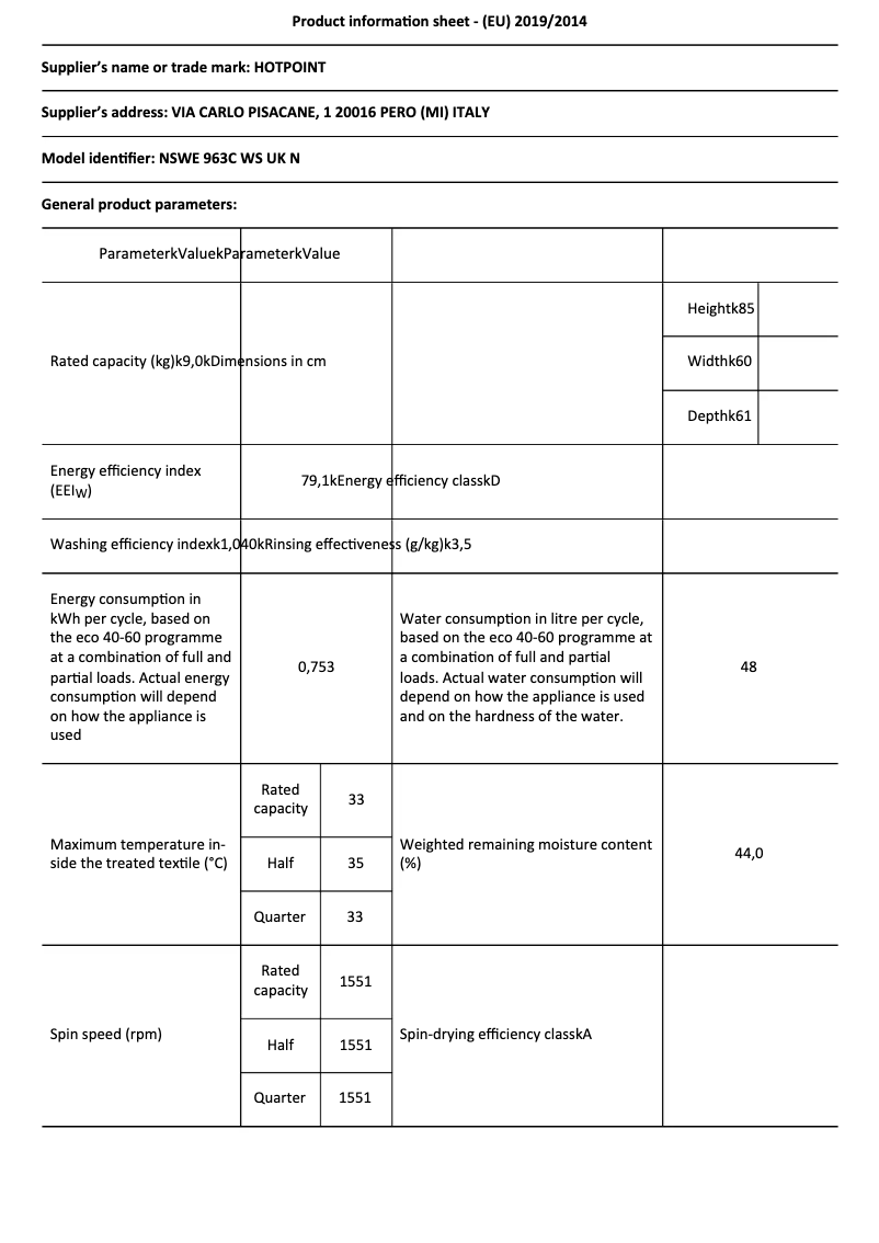 Page n°1 - Fiche technique Hotpoint NSWE 963C WS UK N