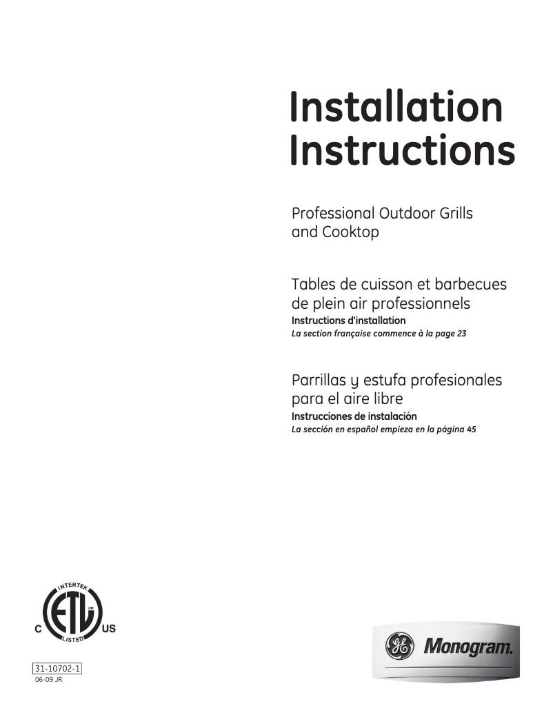 Page n°1 - Guide d'installation GE ZGG540NCPSS