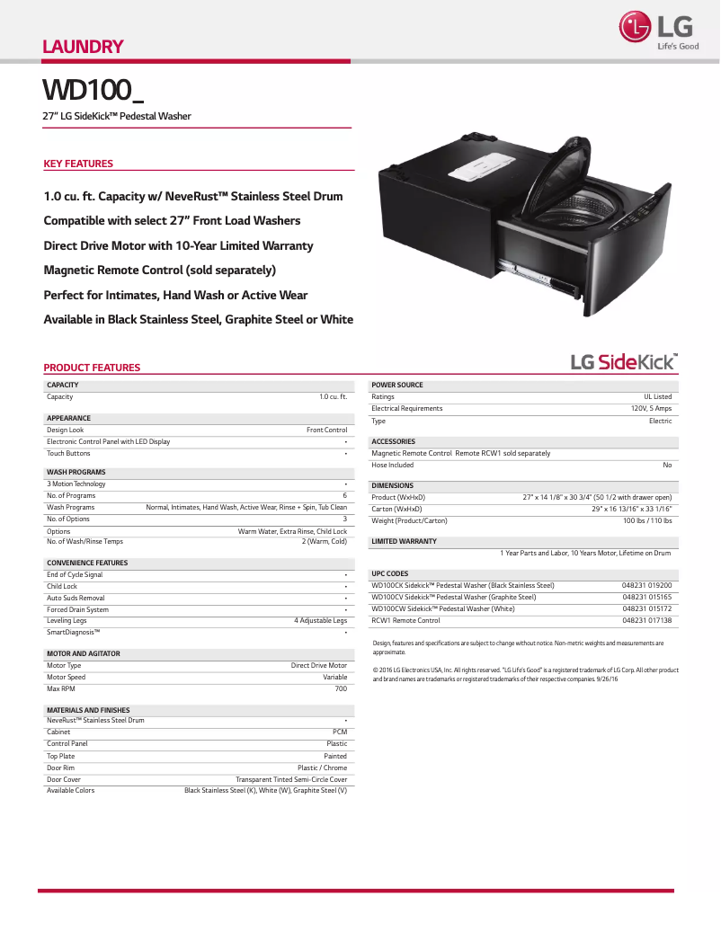 Página 1 del manual Ficha técnica LG WD100CK